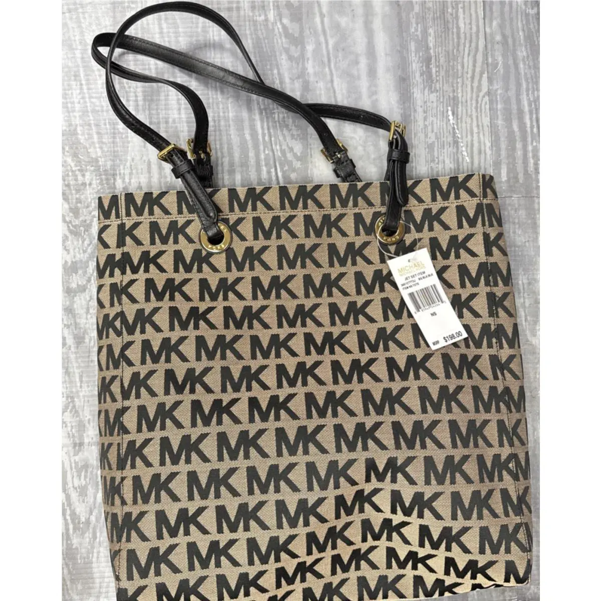 Kors Jet Set North South Canvas Tote Beige Black 38S1CTTT3J