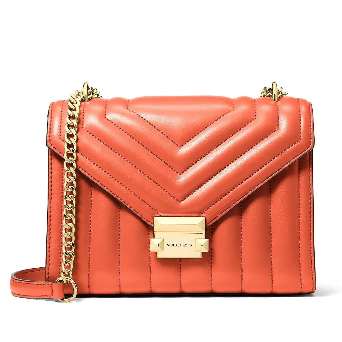 Michael Kors Whitney Medium Quilted Shoulder Crossbody Bag Red Clay 35R4GWHL6U - Handle/Strap: Gold, Hardware: Gold, Exterior: Orange