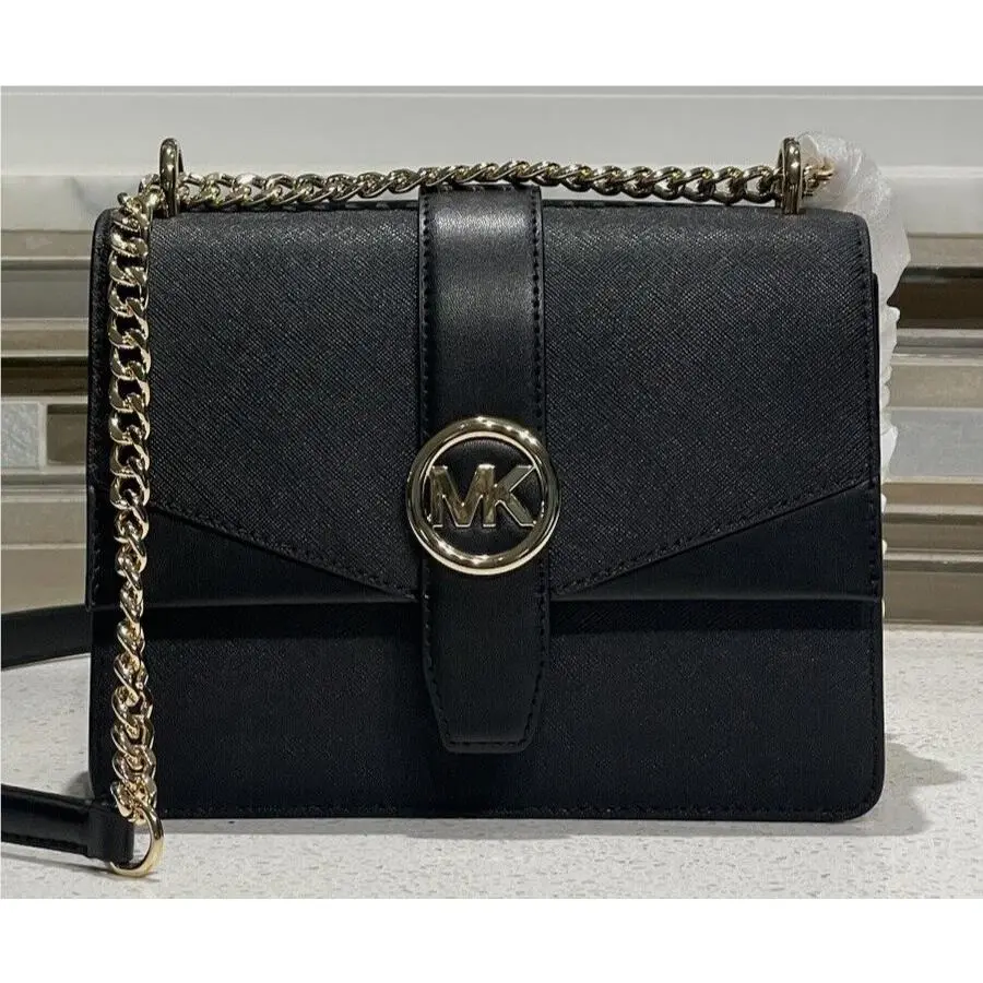 Michael Kors Greenwich Small Flap Crossbody MK Chain Bag Tote Black Leather Gold