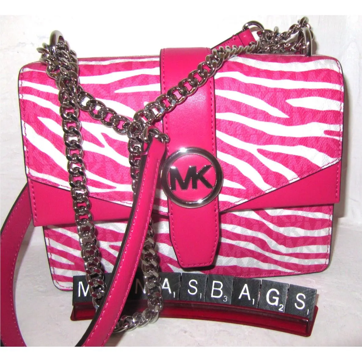 Michael Kors Greenwich Flap Crossbody Pink White Zebra Stripe Bag