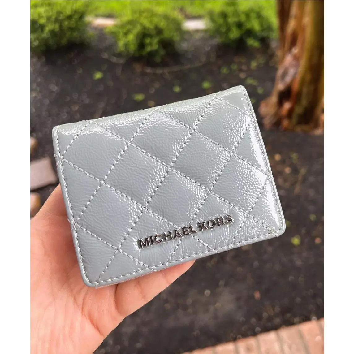Michael Kors Jet Set Travel Flap Card Holder Dusty Blue Leather Quilted Wallet