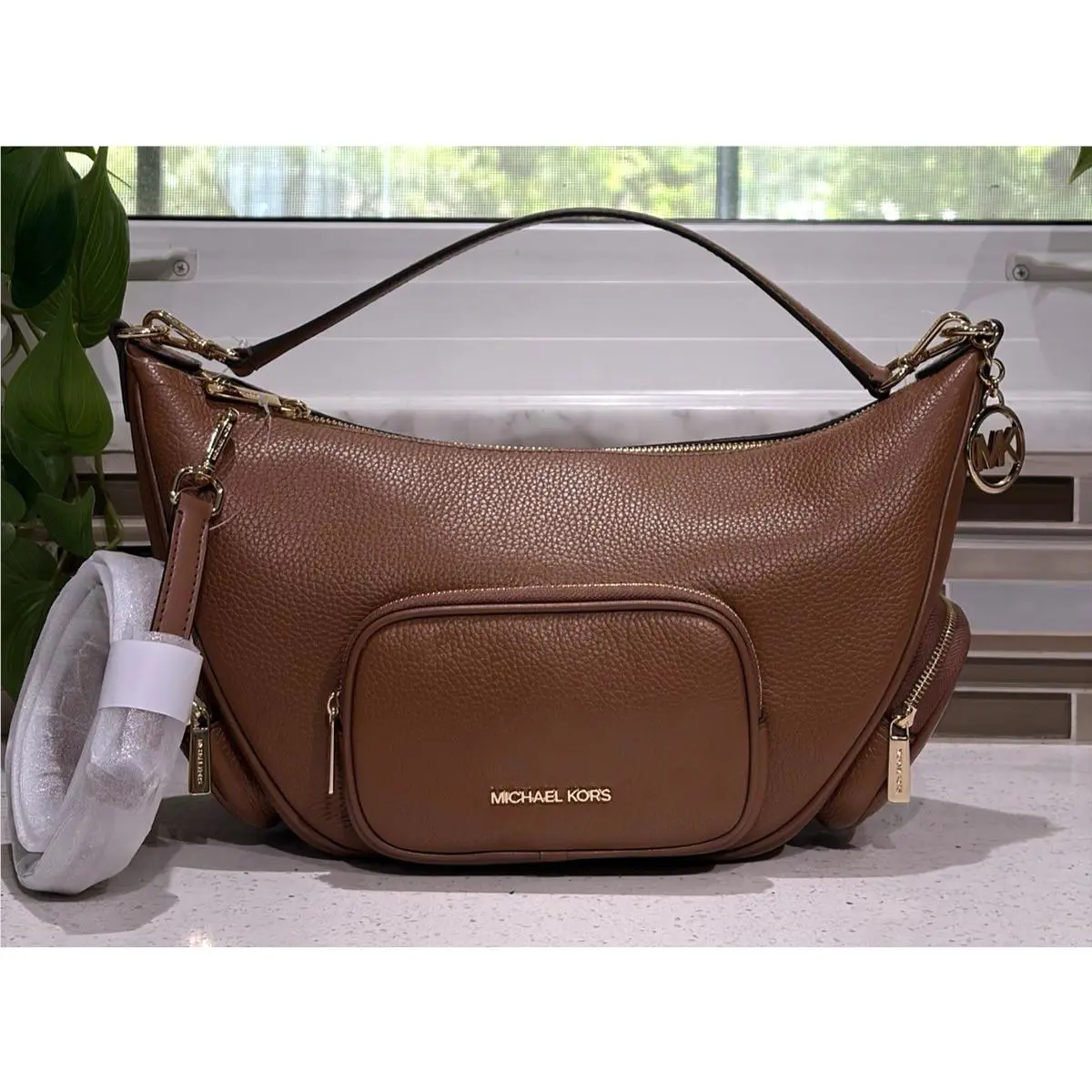 Michael Kors Merritt Medium Shoulder Convertible Bag Pockets Hobo Luggage Brown