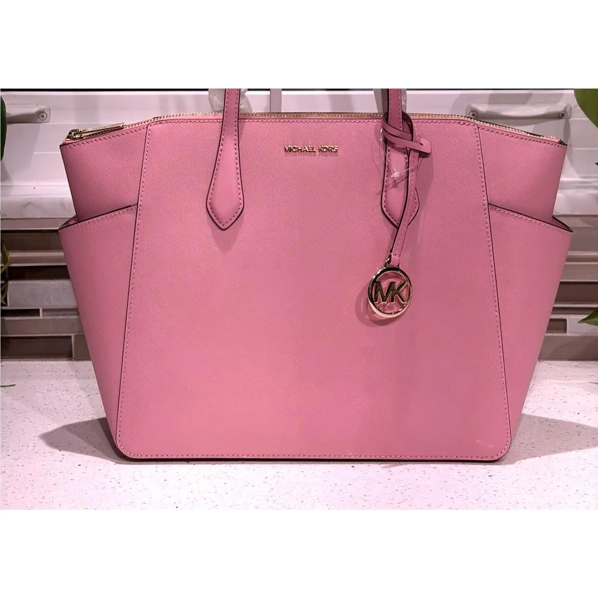 Michael Kors Marilyn Medium Large Zip Tote Shoulder Bag MK Pink Leather Gold