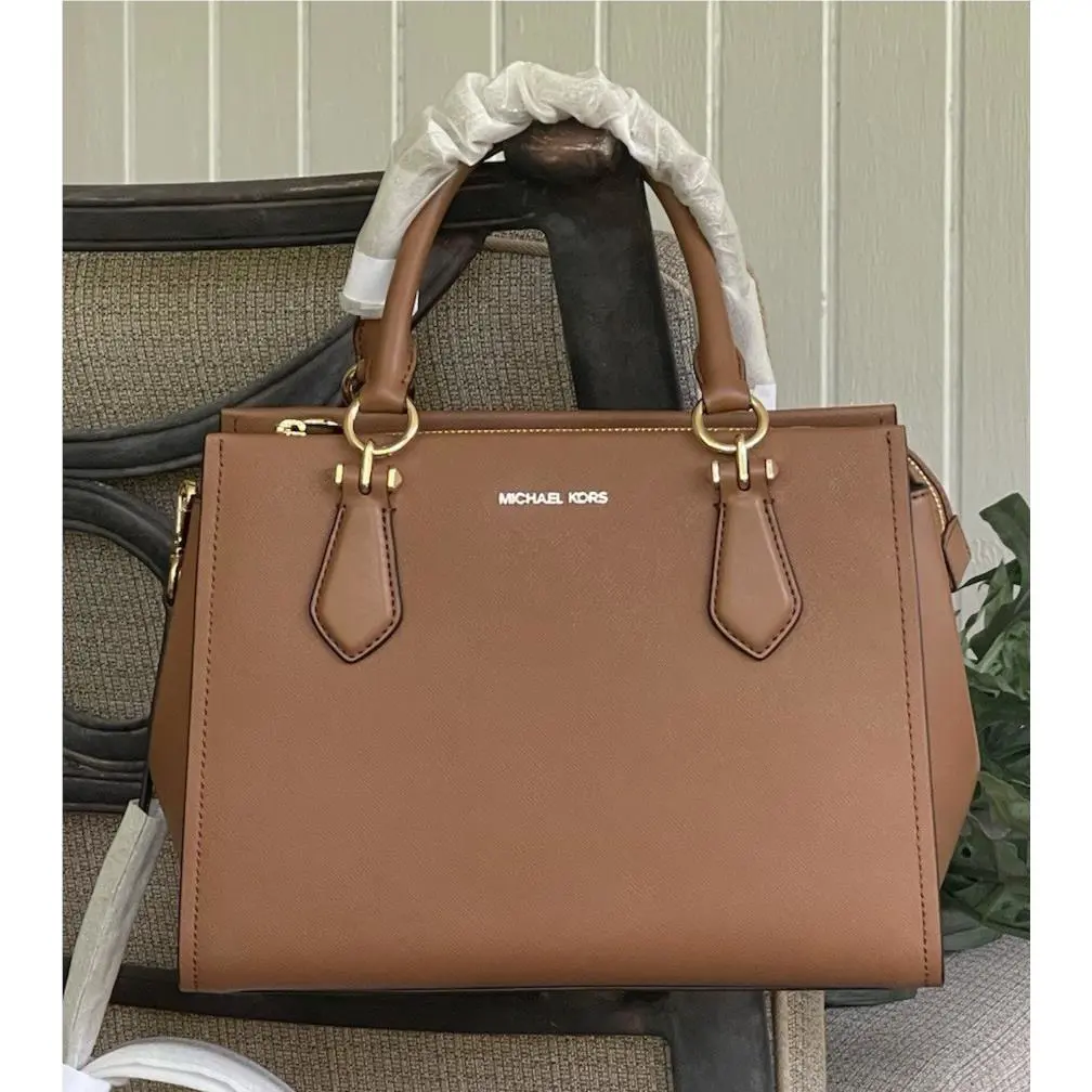 Michael Kors Marilyn Medium Satchel Shoulder Bag MK Luggage Brown Leather Gold