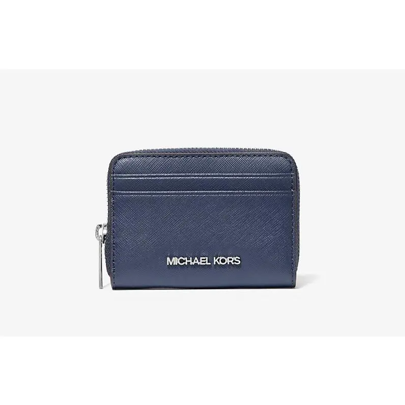 Michael Kors Jet Set Travel Medium Zip Around Card Case Wallet Navy Silver