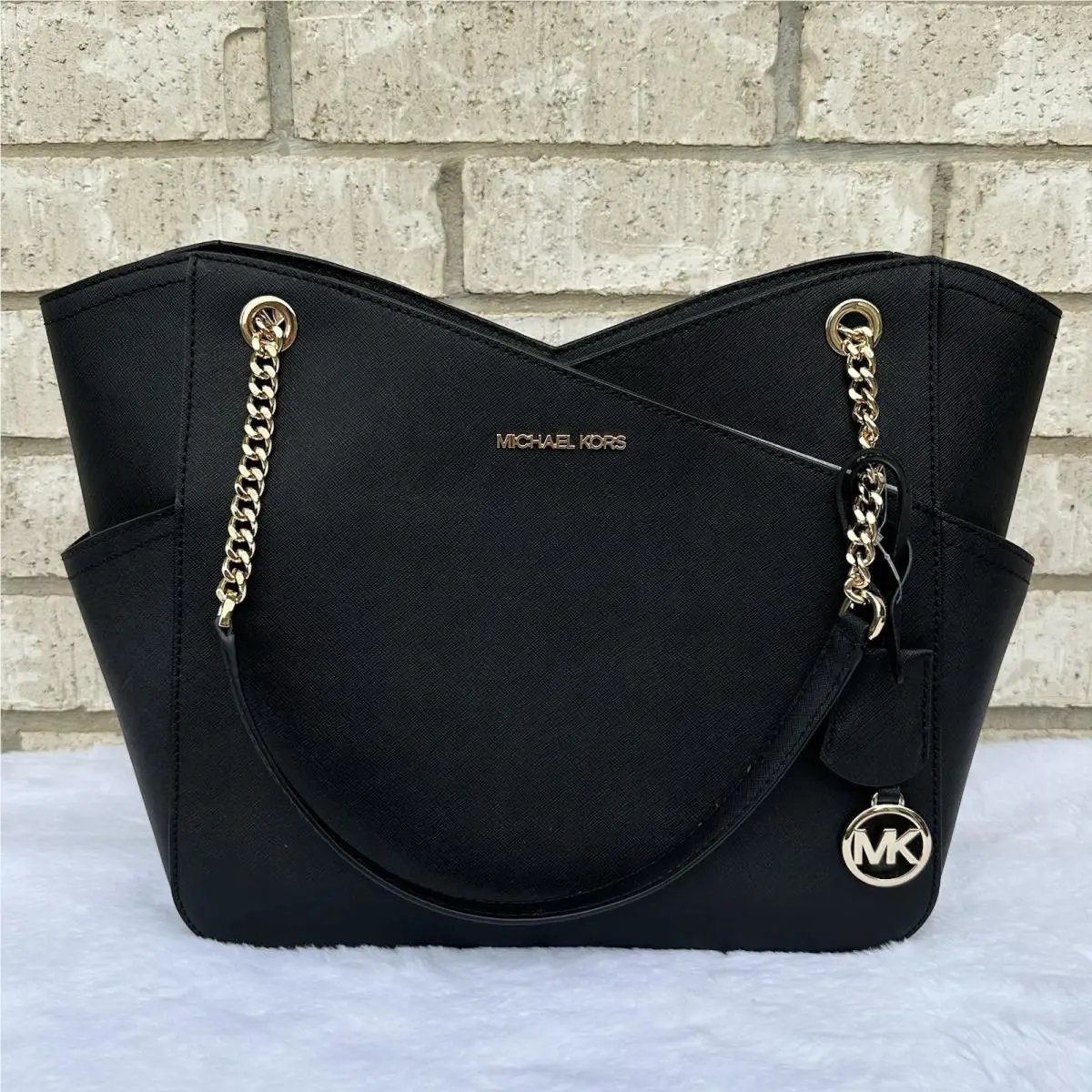 Michael Kors Jet Set Travel Large Chain Shoulder Tote Signature MK Bag Black