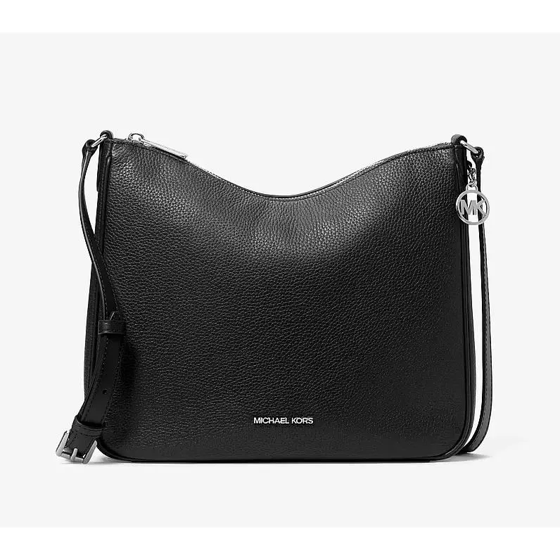 Michael Kors Nayla Medium Messenger Crossbody Bag Pebble Leather Black Silver
