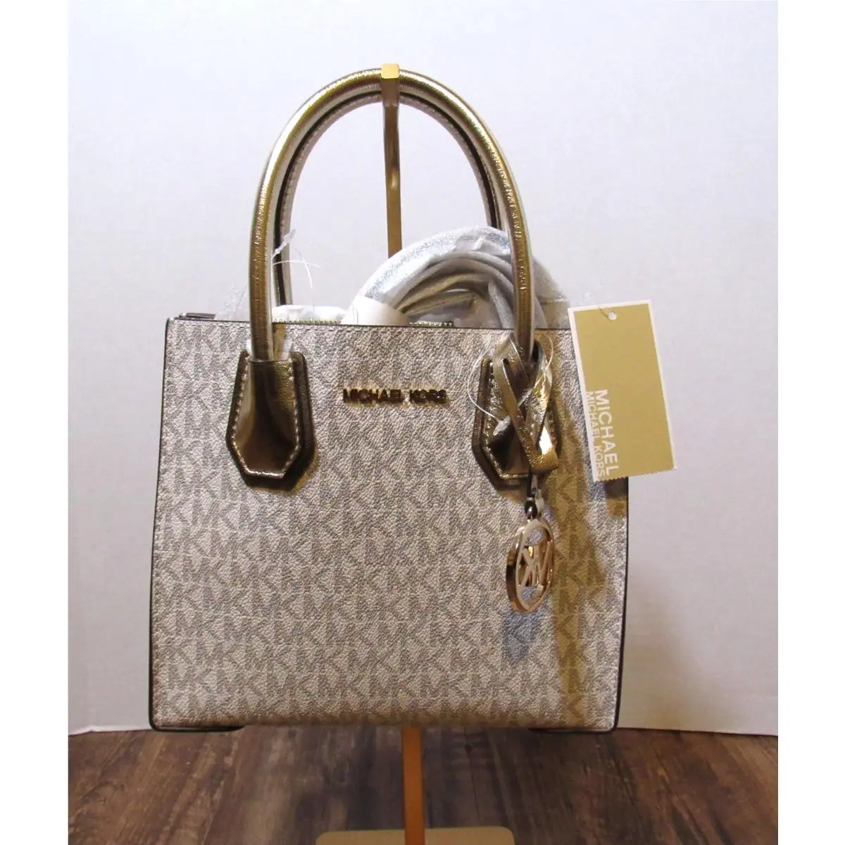 Michael Kors Mercer Medium MK Logo Messenger Crossbody Satchel Gold