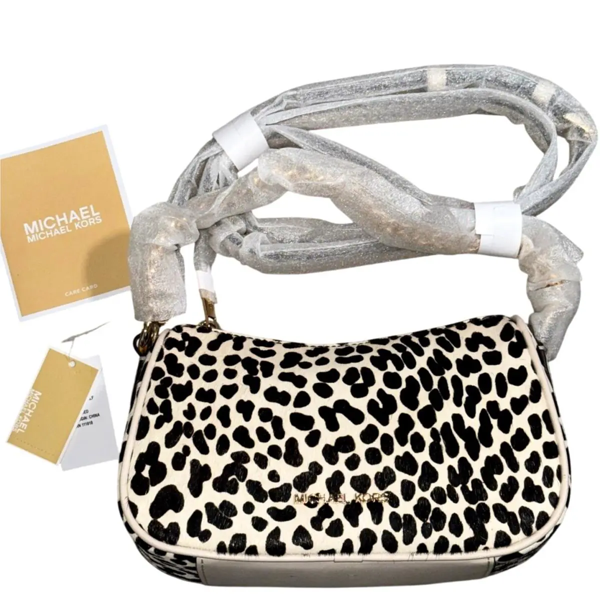 Michael Kors Carmela Small Pouchette Crossbody Leather Calf Hair Lt Cream