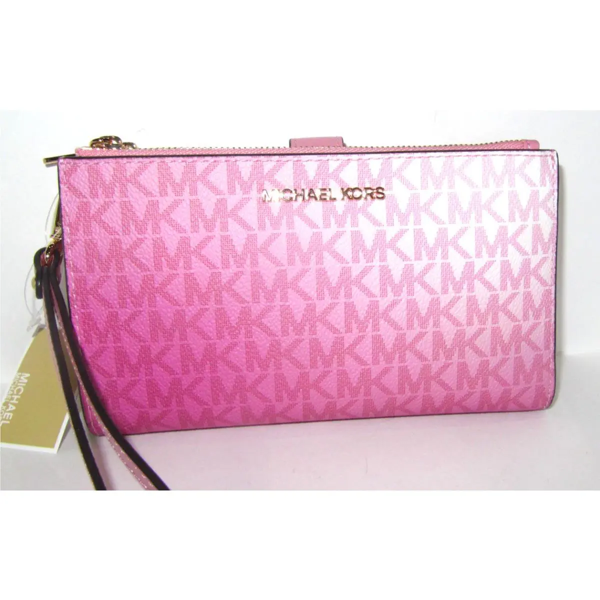 Michael Kors Jet Set Double Zip Wristlet Wallet Carnation Pink Logo Phone