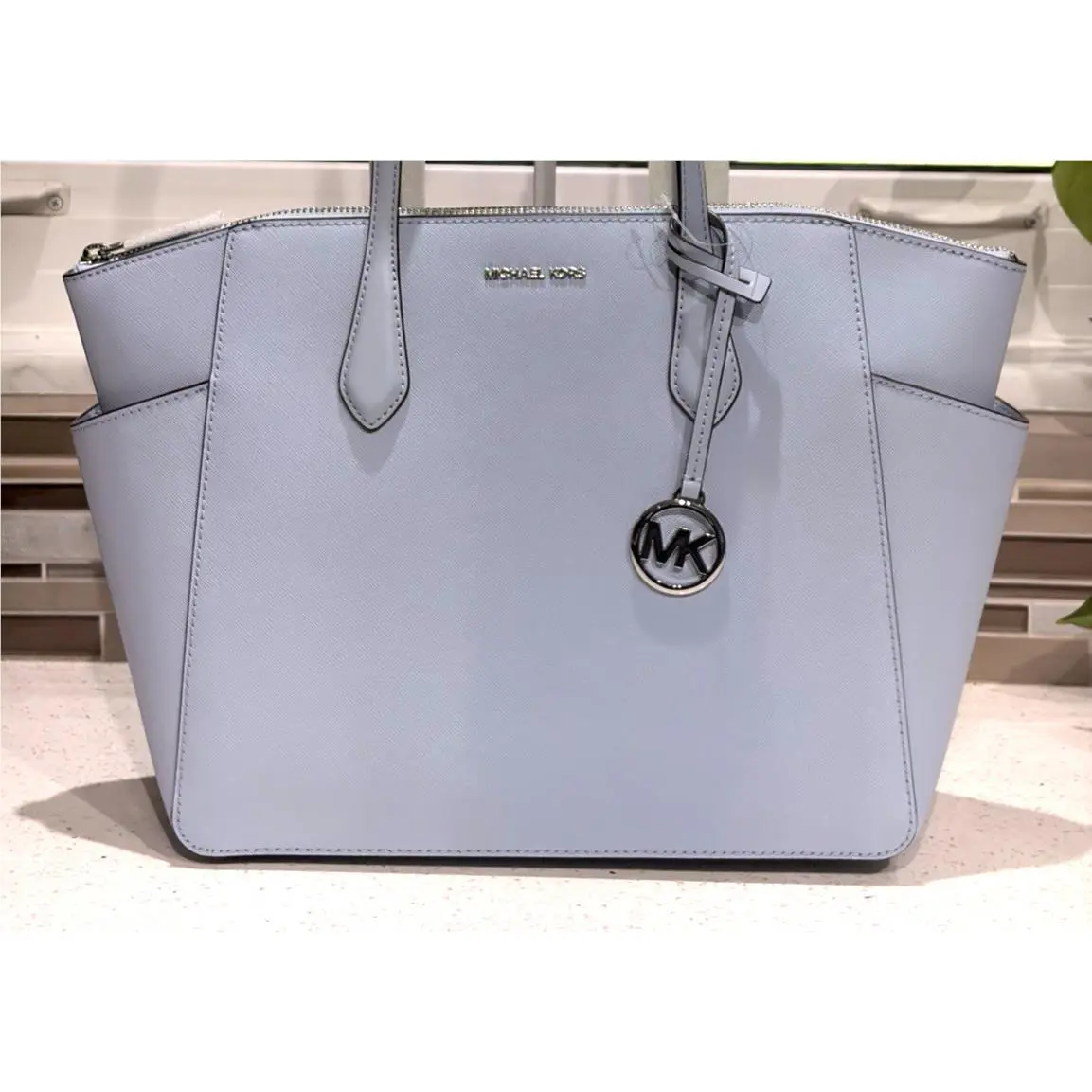 Michael Kors Marilyn Medium Large Zip Tote Shoulder Bag MK Ocean Blue Leather