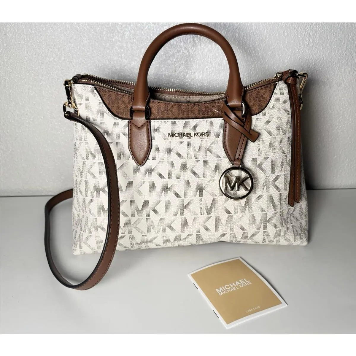 Michael Kors Austen Small Satchel Handbag in Vanilla Monogram