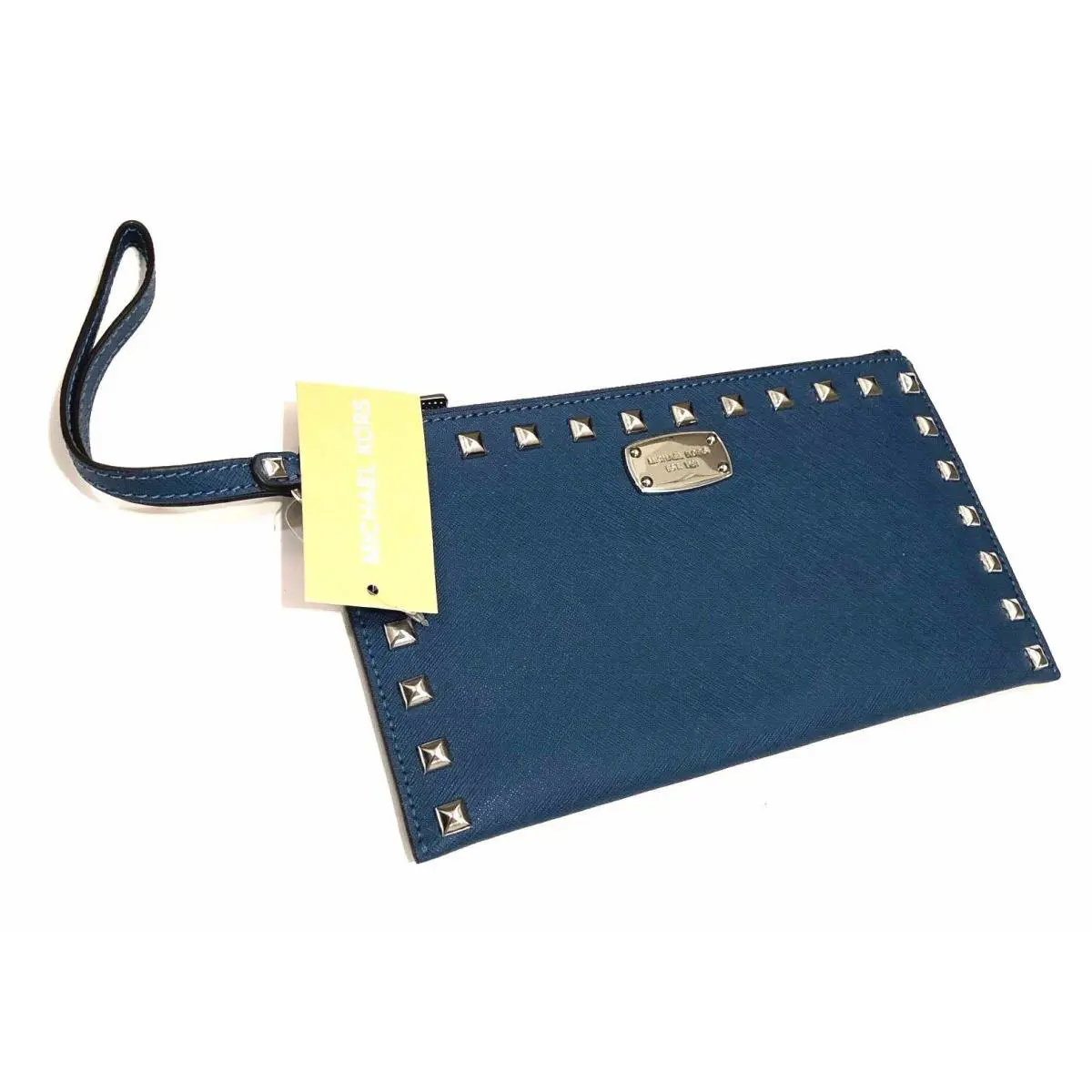Michael Kors Saffiano Stud Zip Clutch Wristlet Purse In Steel Blue Leather