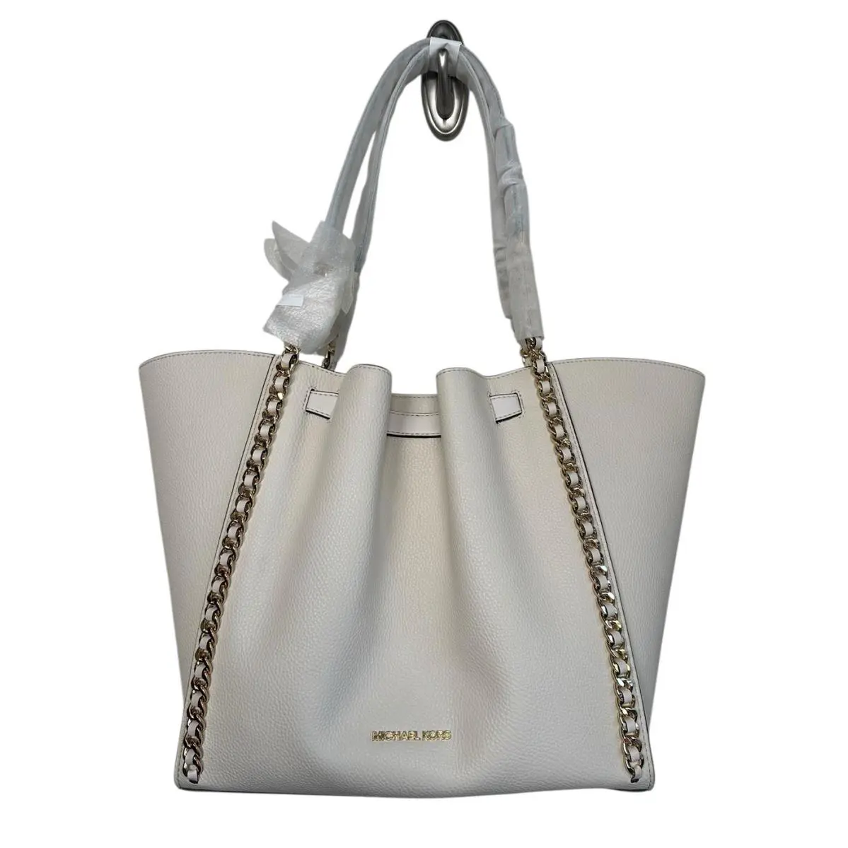 Michael Kors Mina Large Belted Chain Bag Leather MK Logo Light Cream Gold