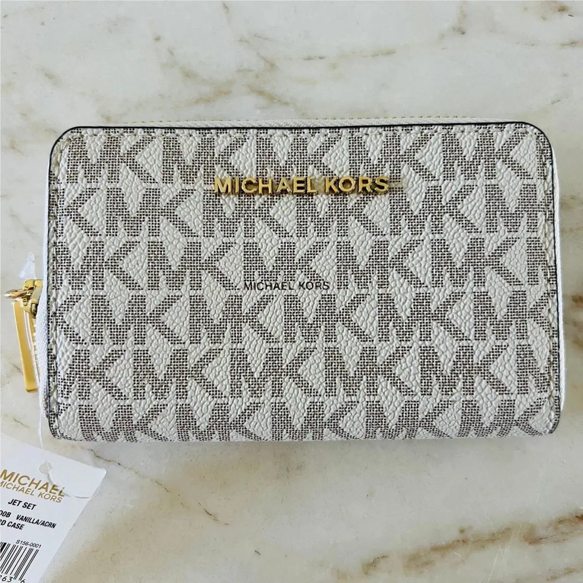 Michael Kors Jet Set Vanilla Acorn Leather Small Zip Around Card Case Wallet