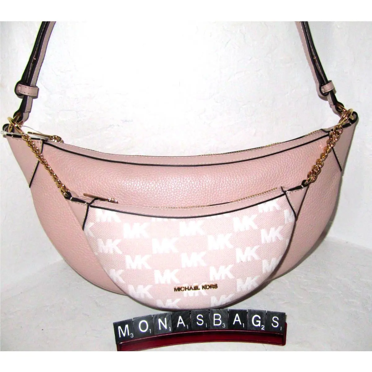 Michael Kors Hollis Medium 2-in-1 Powder Blush Leather Logo Shoulder Bag NWT$598