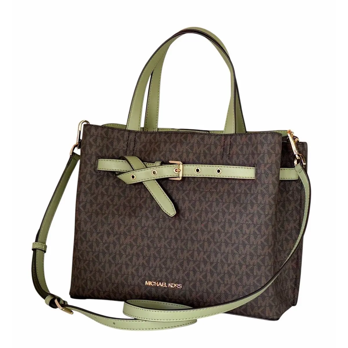 Michael Kors Emilia Large Satchel Shoulder Crossbody Bag MK Brown/light Sage