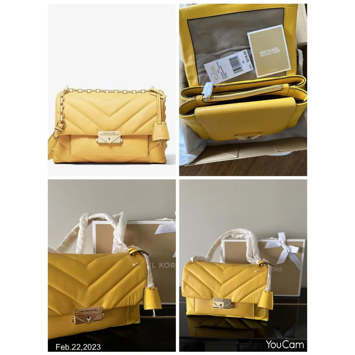 Michael Kors Quilted Leather Chevron Sunflower Gold Chain Push Lock Gift Box