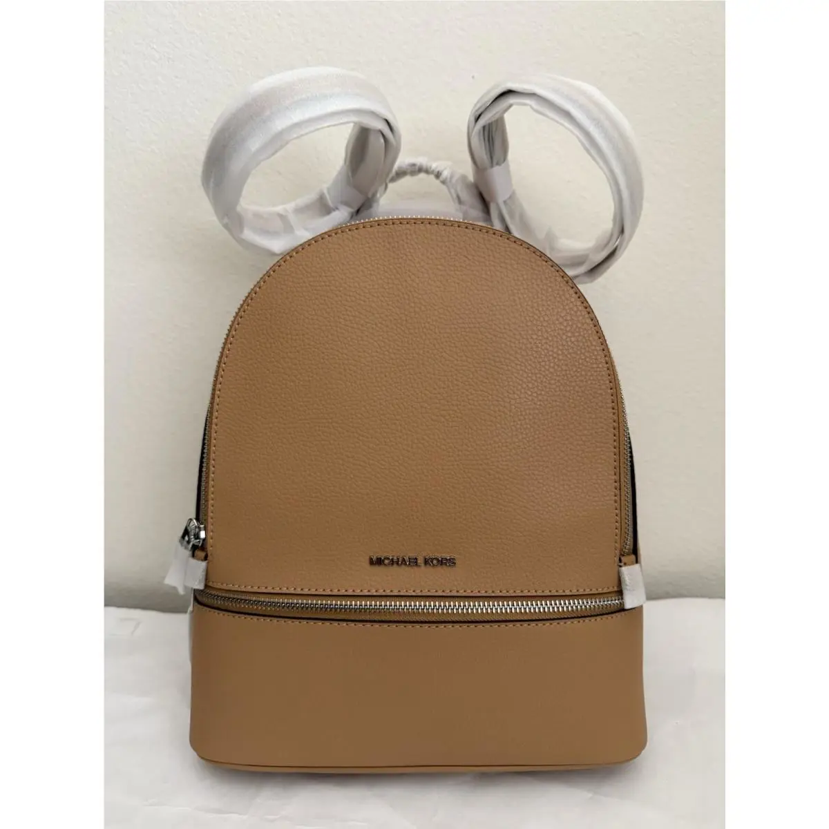 Michael Kors Rhea Medium Zip Pebbled Leather Backpack Peanut