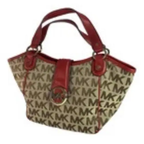 Michael Kors MK Monogram Canvas Leather Tote Bag Red Trim Gold Hardware Shoulder