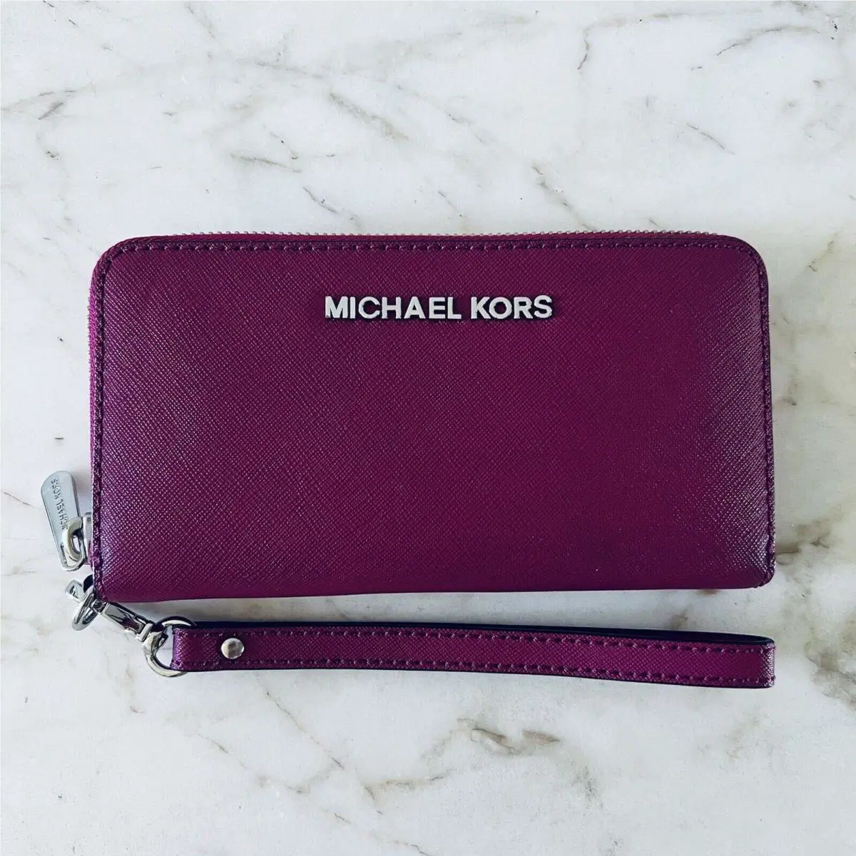 Michael Kors Maroon Leather Multi Function Phone Zip Wallet Wristlet