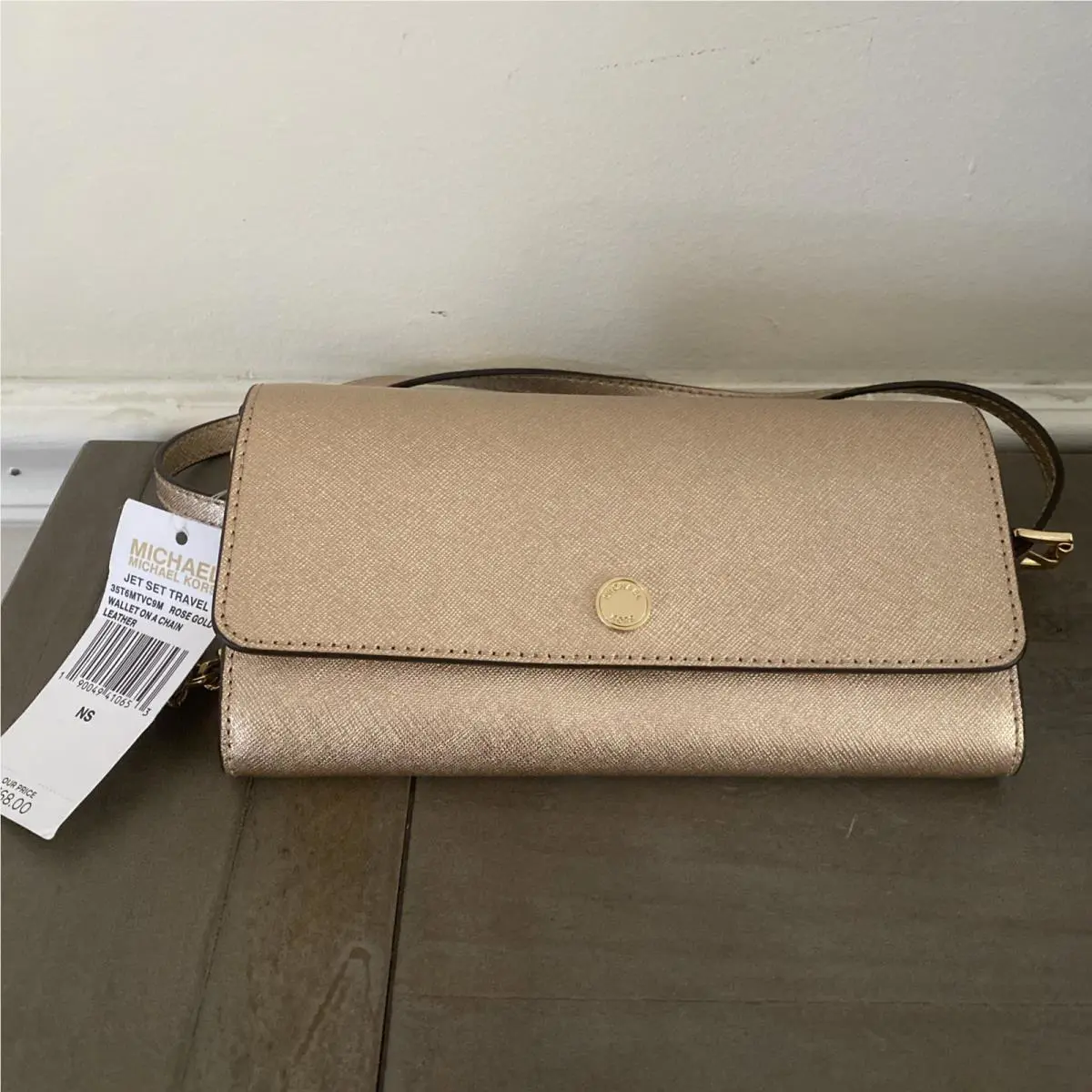 Michael Kors Jet Set Wallet Crossbody Rose Gold Chain Metallic Saffiano Leather