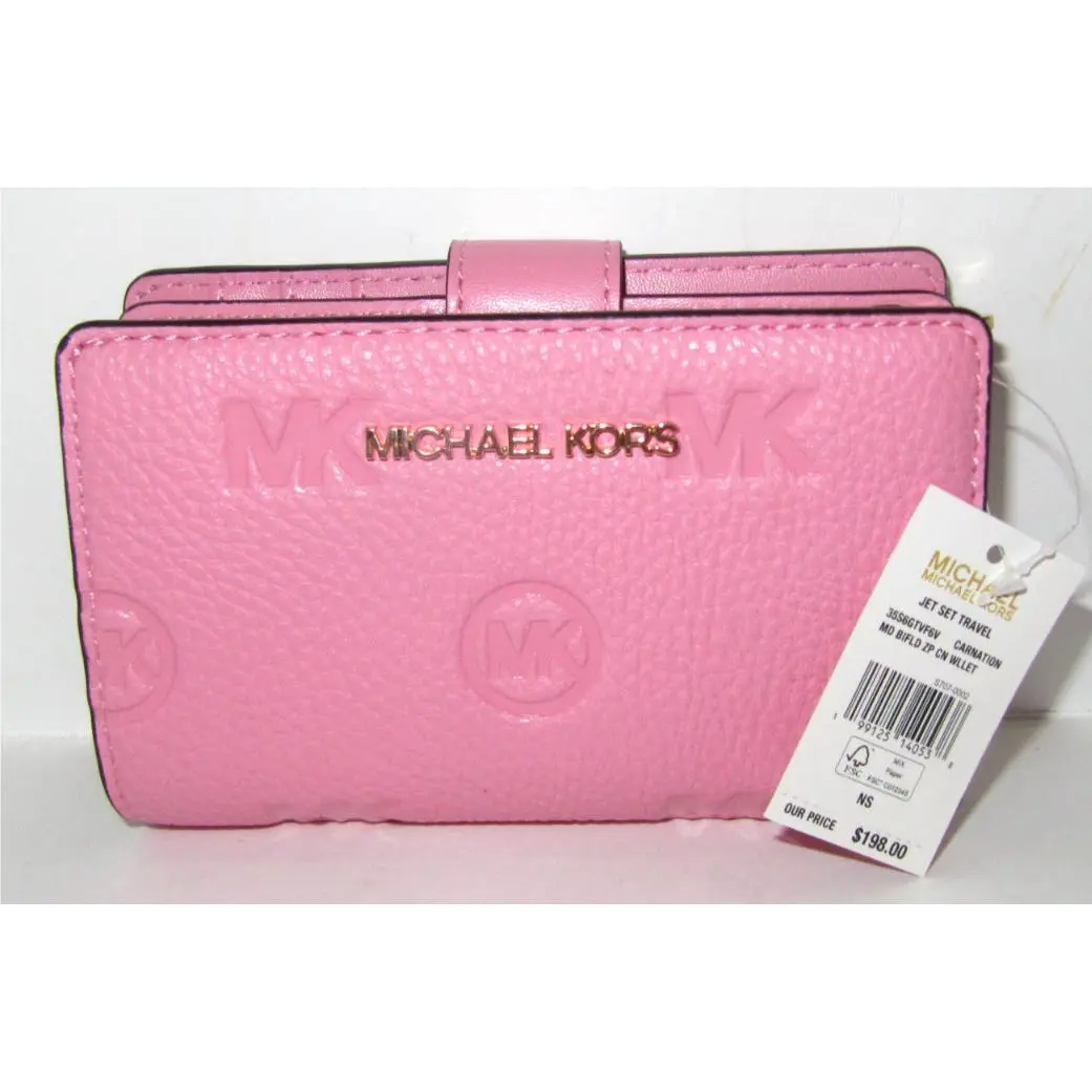 Michael Kors Jet Set Travel Medium Logo Debossed Billfold Wallet Carnation Pink