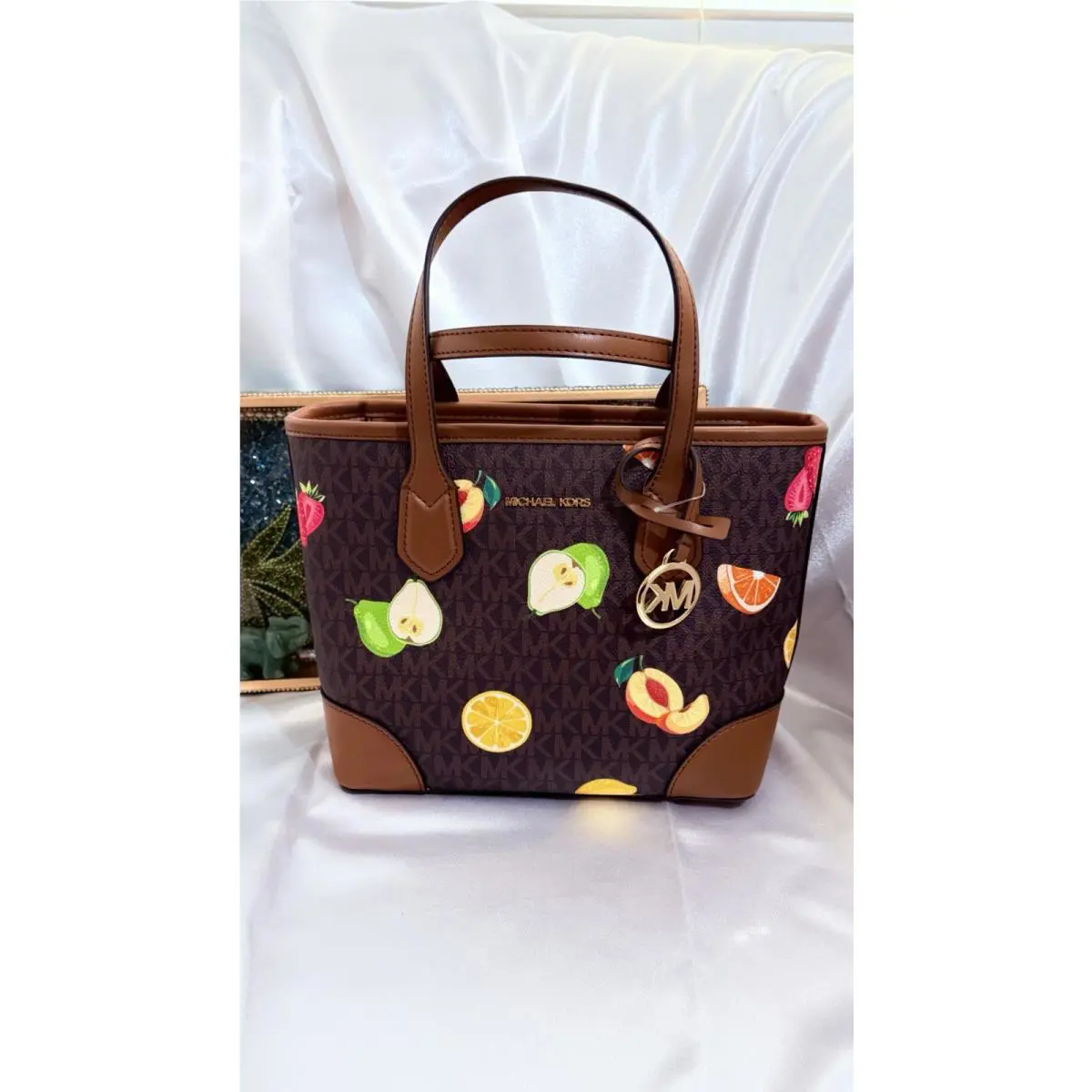 Michael Kors Bag Eva Printed Signature Logo Fruit Convertible Bag Handbag Brown
