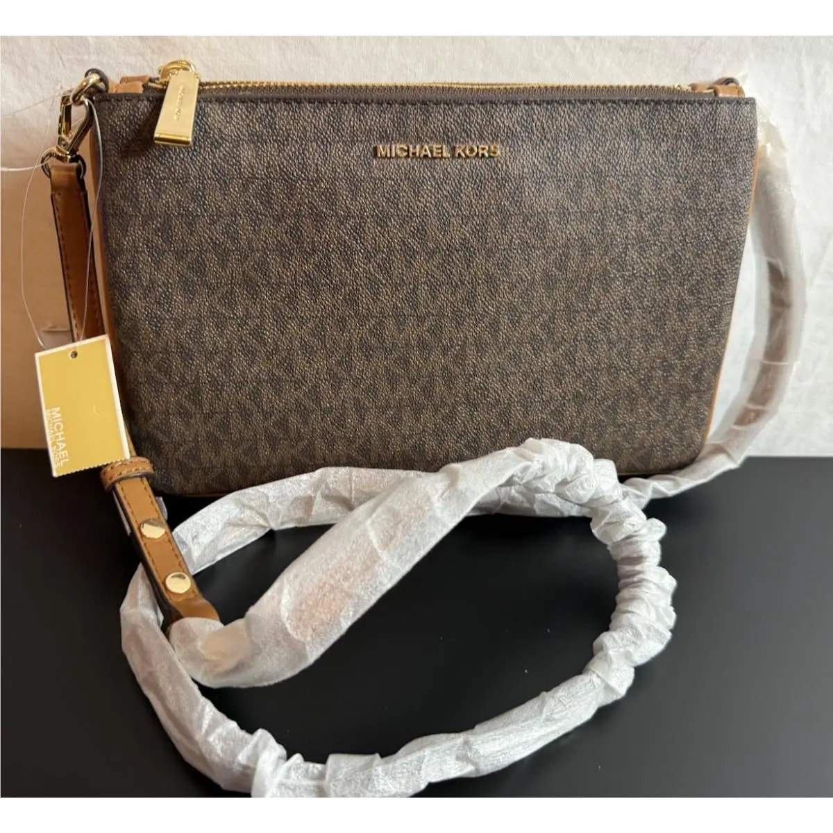 Michael Kors Brown Logo Print Large Double Pouch Crossbody Jet Set Tags