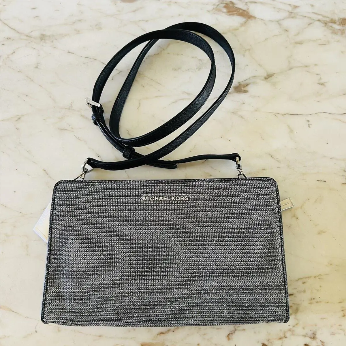 Michael Kors Black Metallic Silver Fabric Crossbody Clutch Bag