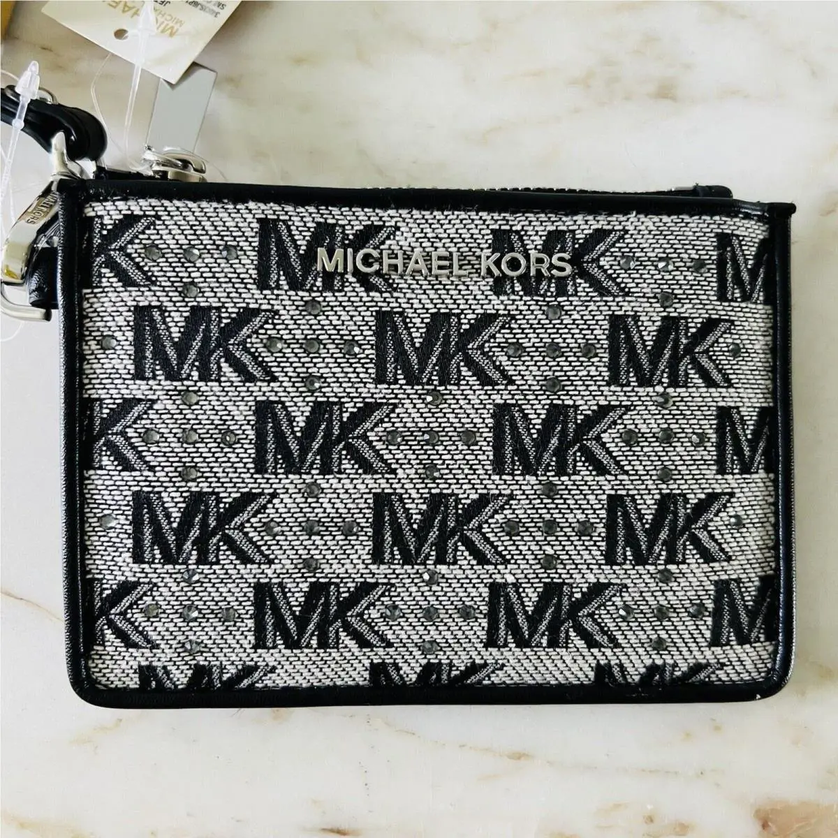 Michael Kors Jet Set Black Cream Leather Small Coin Purse Card Wallet Wristlet