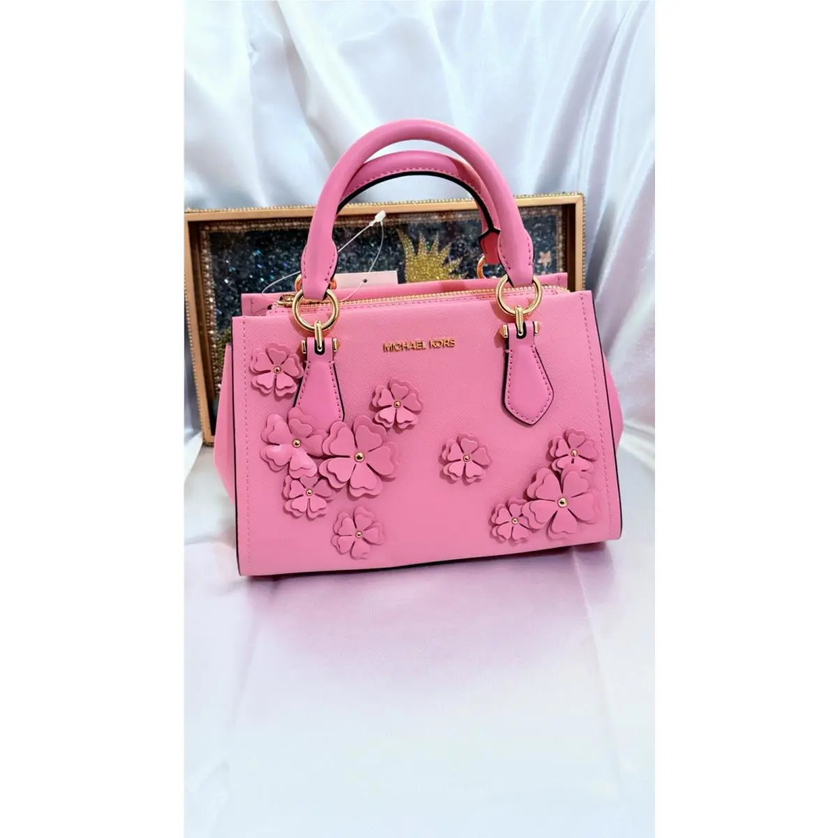 Michael Kors Marilyn Small Embellished Satchel Floral Bag Pink Carnation