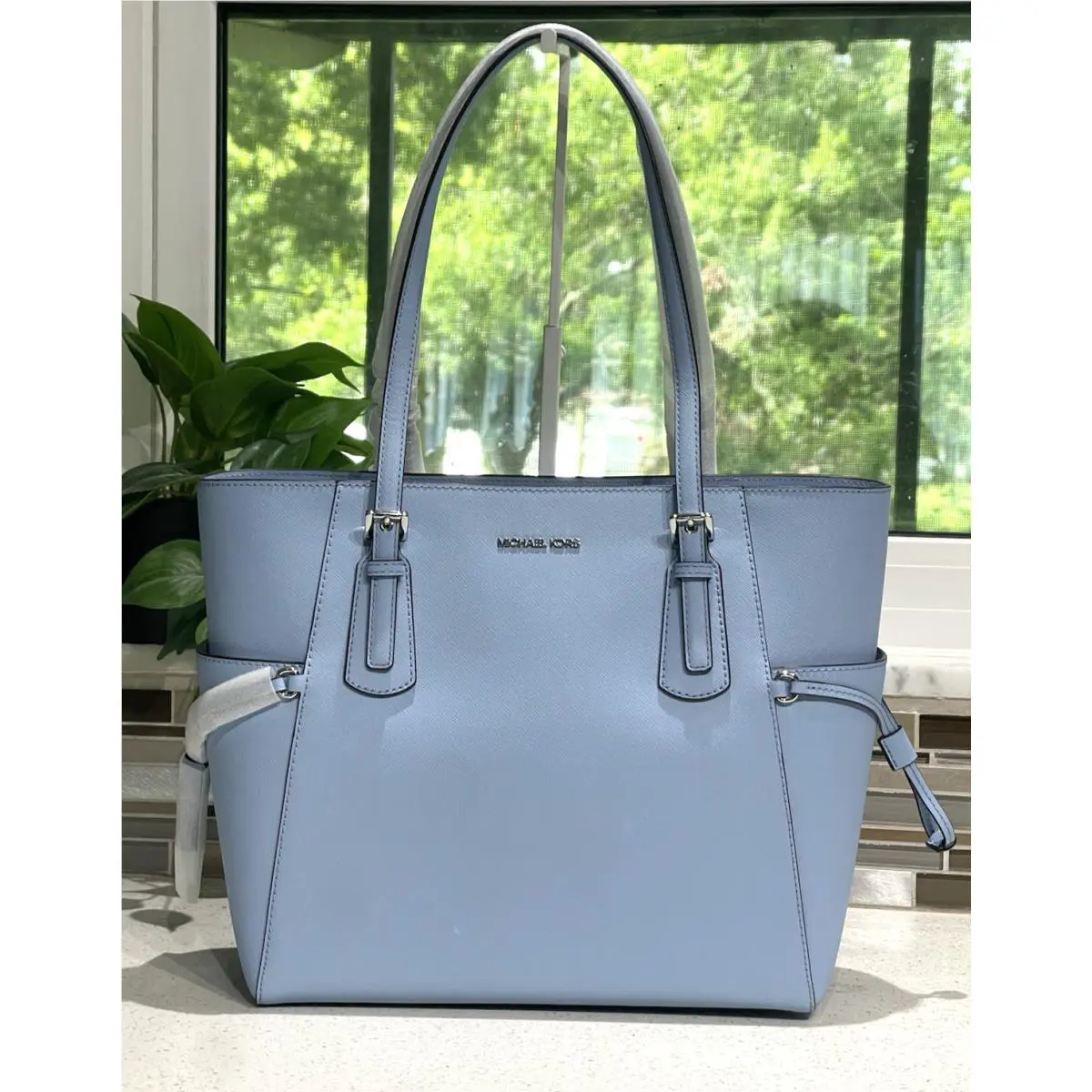 Michael Kors Voyager Large EW Tote Shoulder Bag Laptop MK Light Sky Blue Leather