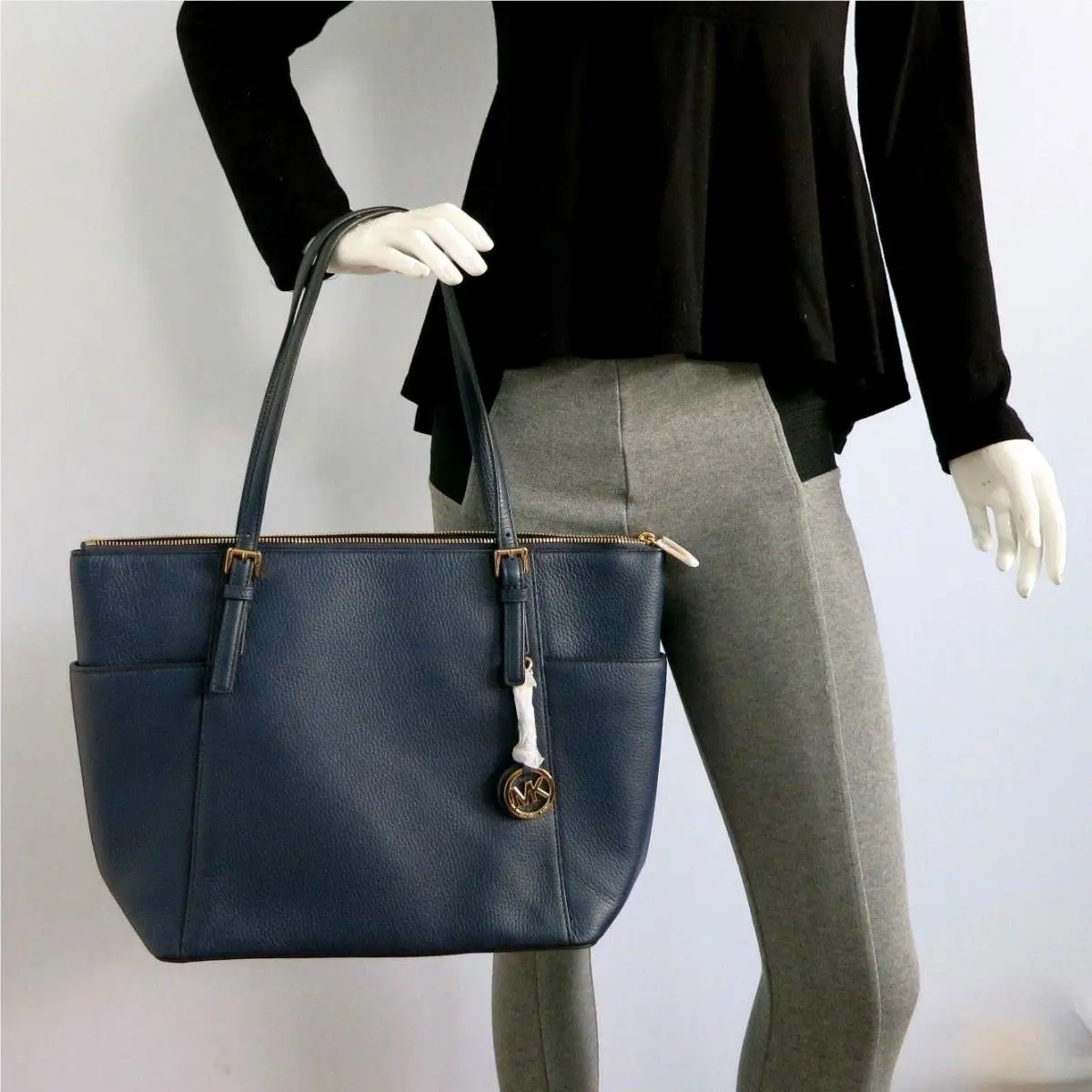 Michael Kors MK Jet Set East Wet Top Zip Tote Bag Large Size Navy