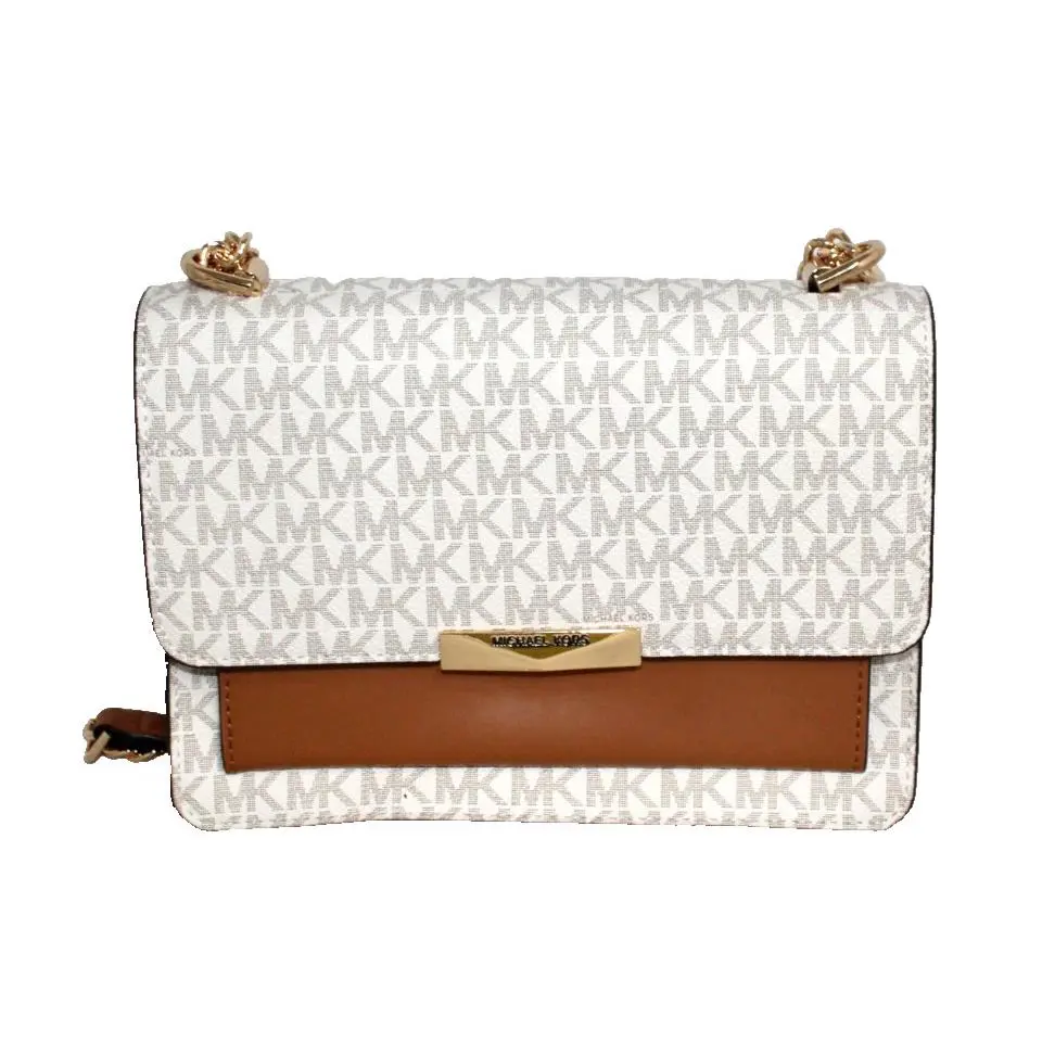 Michael Kors Jade Large Gusset Shoulder Bag Acorn Tan Vanilla MK Logo 30T9GJ4L9B