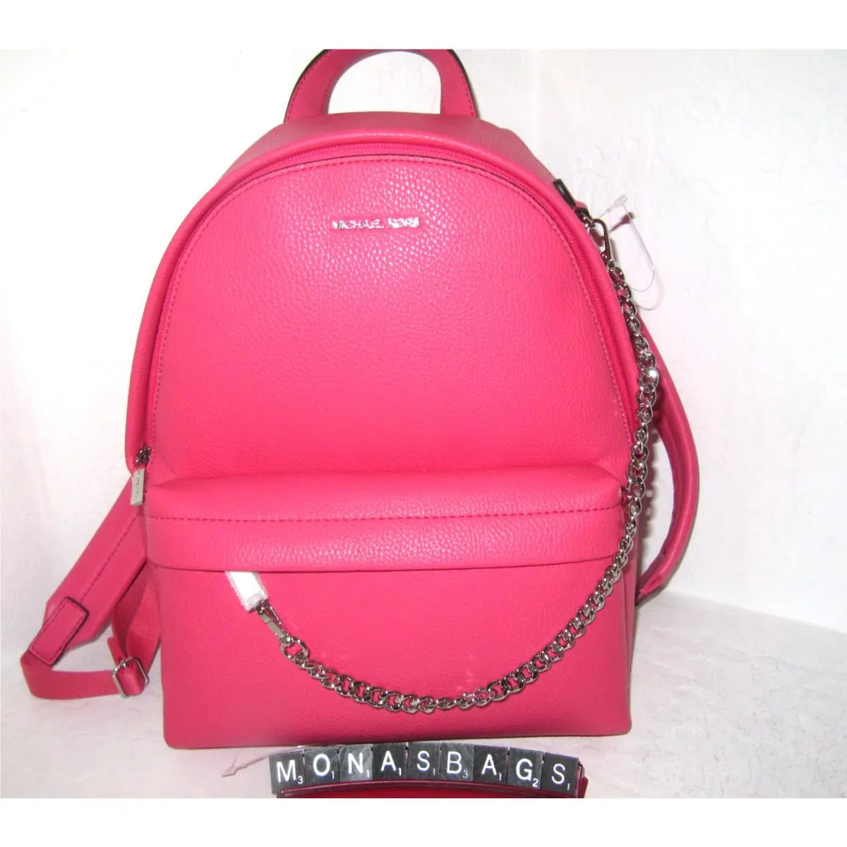 Michael Kors Slater Medium Chain Leather Backpack Hibiscus Pink