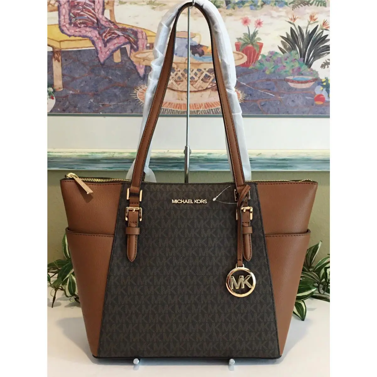 Michael Kors Women Lady Leather Shoulder Bag Tote Hand Bag Purse Brown MK Logo