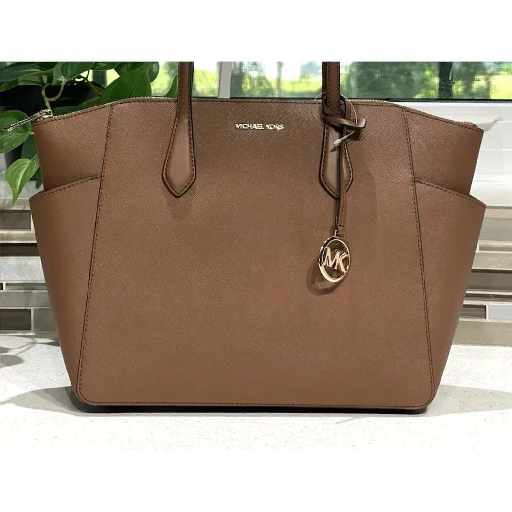 Michael Kors Marilyn Medium Large Zip Tote Shoulder Bag MK Luggage Brown Leather