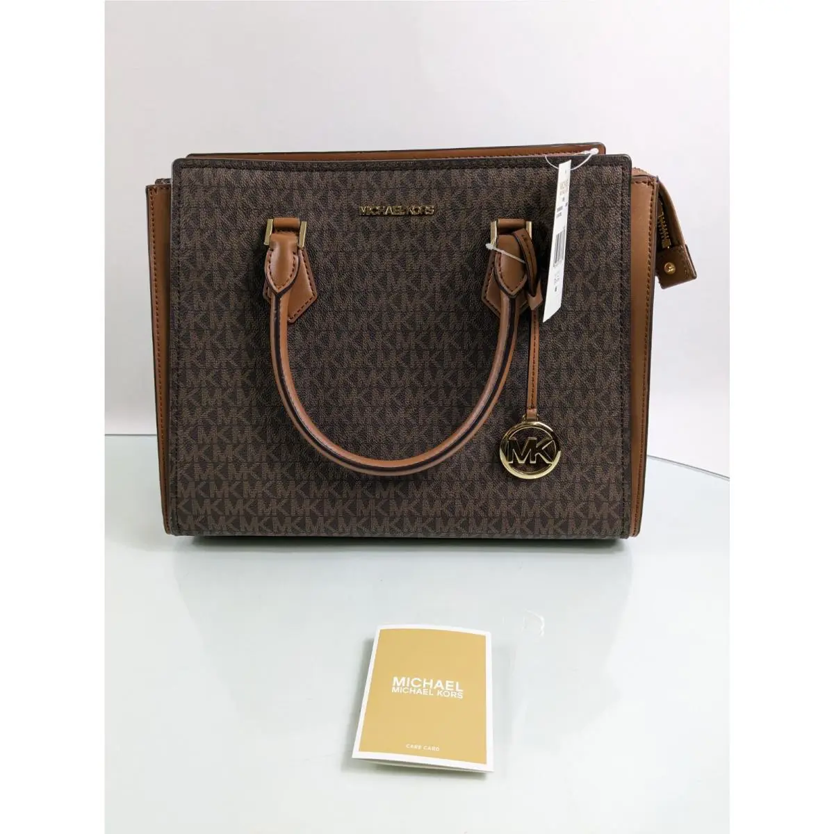 Michael Kors Hope Brown Logo Monogram Large Leather Tote Shoulder Crossbody Bag