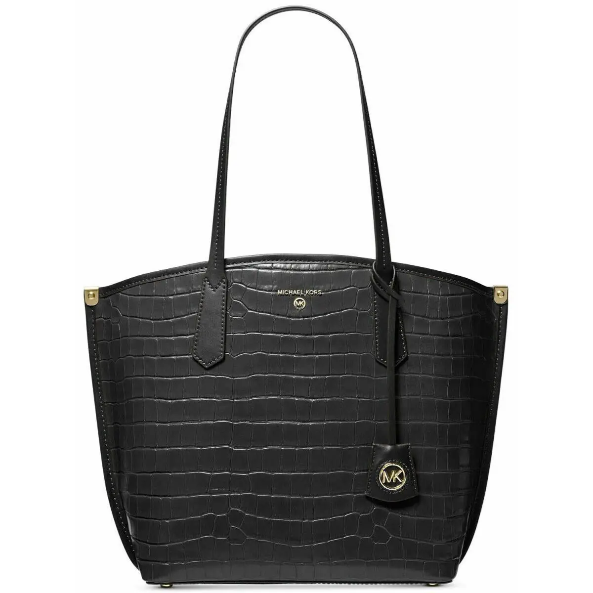 Michael Kors Jane Tote Large Black Embossed Croc Leather Magnetic Logo Charm