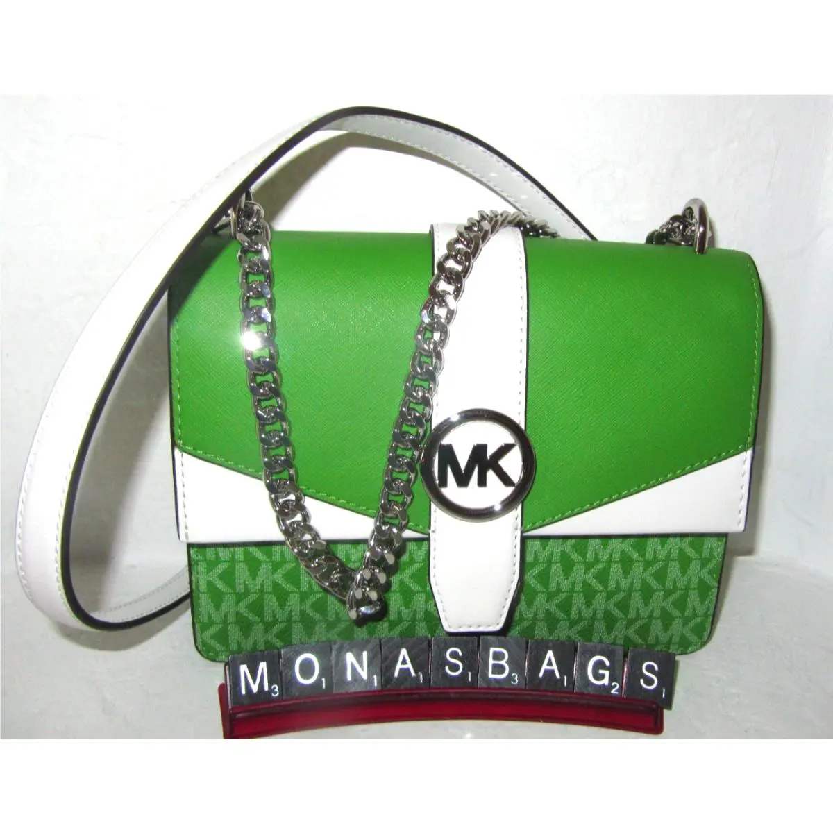Michael Kors Greenwich Flap Crossbody Jungle Green White Bag
