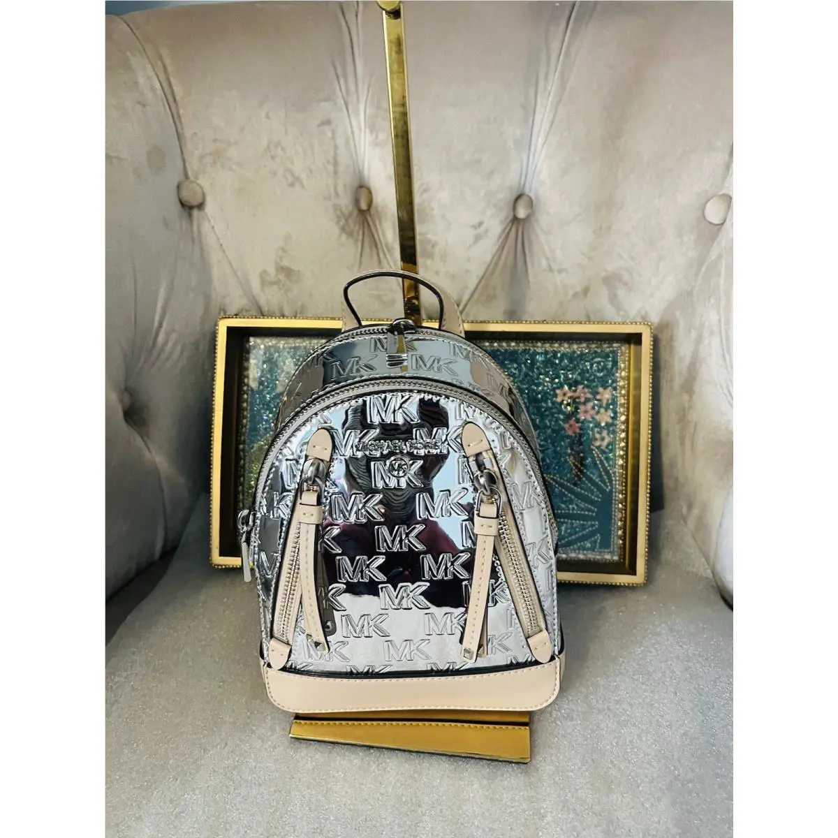 Michael Kors XS Brooklyn Messenger Backpack Bag Patent Leather Silver Purse