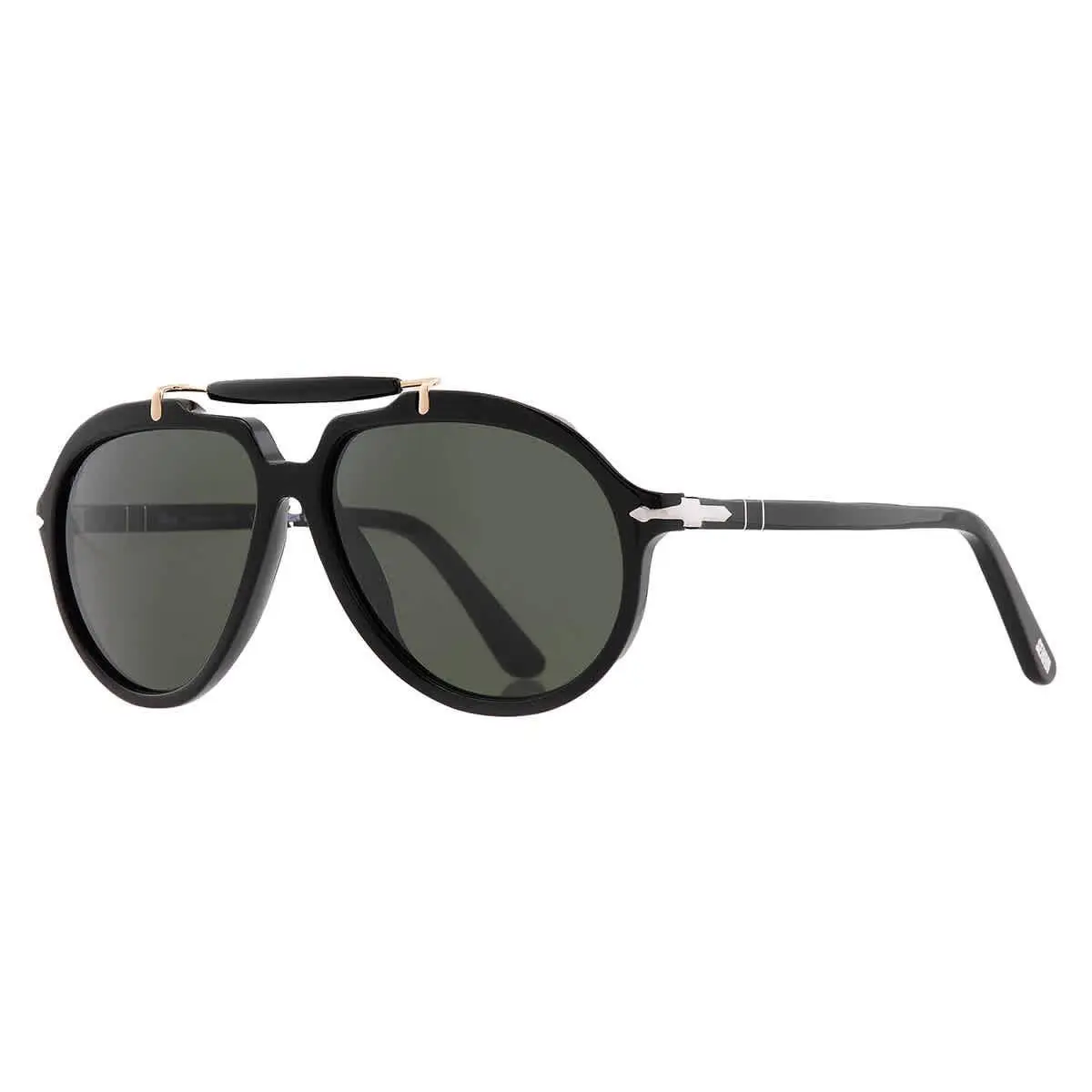 Persol Green Pilot Unisex Sunglasses PO0202S 95/31 57 PO0202S 95/31 57 - Black, Frame: Black, Lens: Green