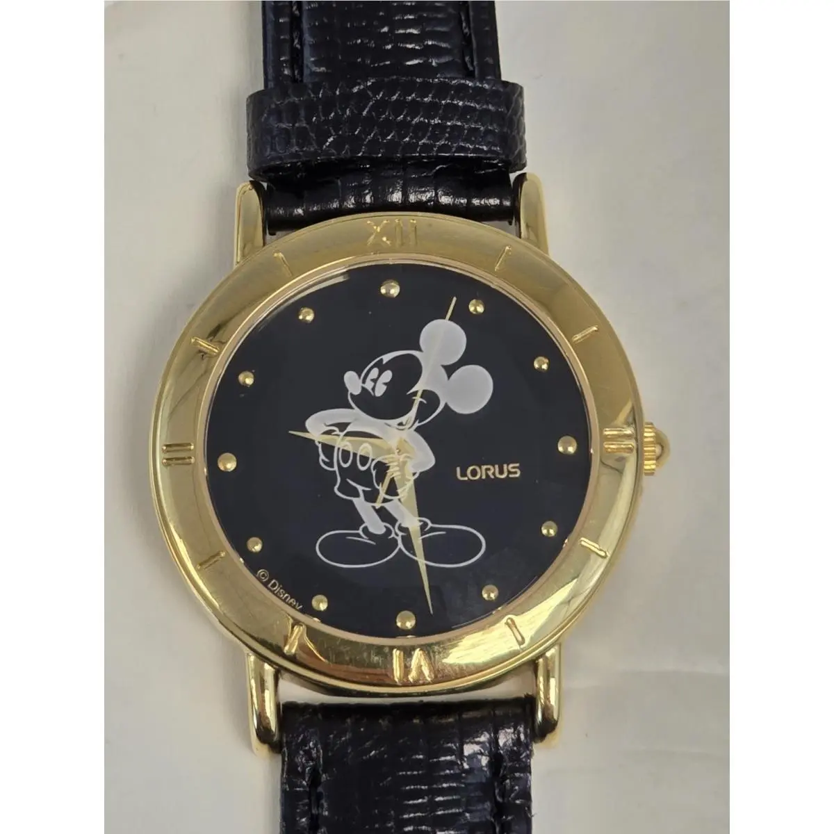 Lorus Disney Mickey Mouse Black Dial Gold Tone Quartz Watch Leather Strap