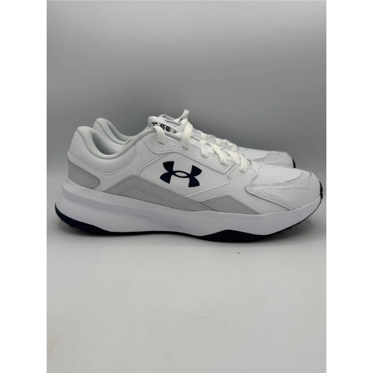 Under Armour UA Edge Lthr Shoes Mens 11.5 White Grey Navy Leather 3028375