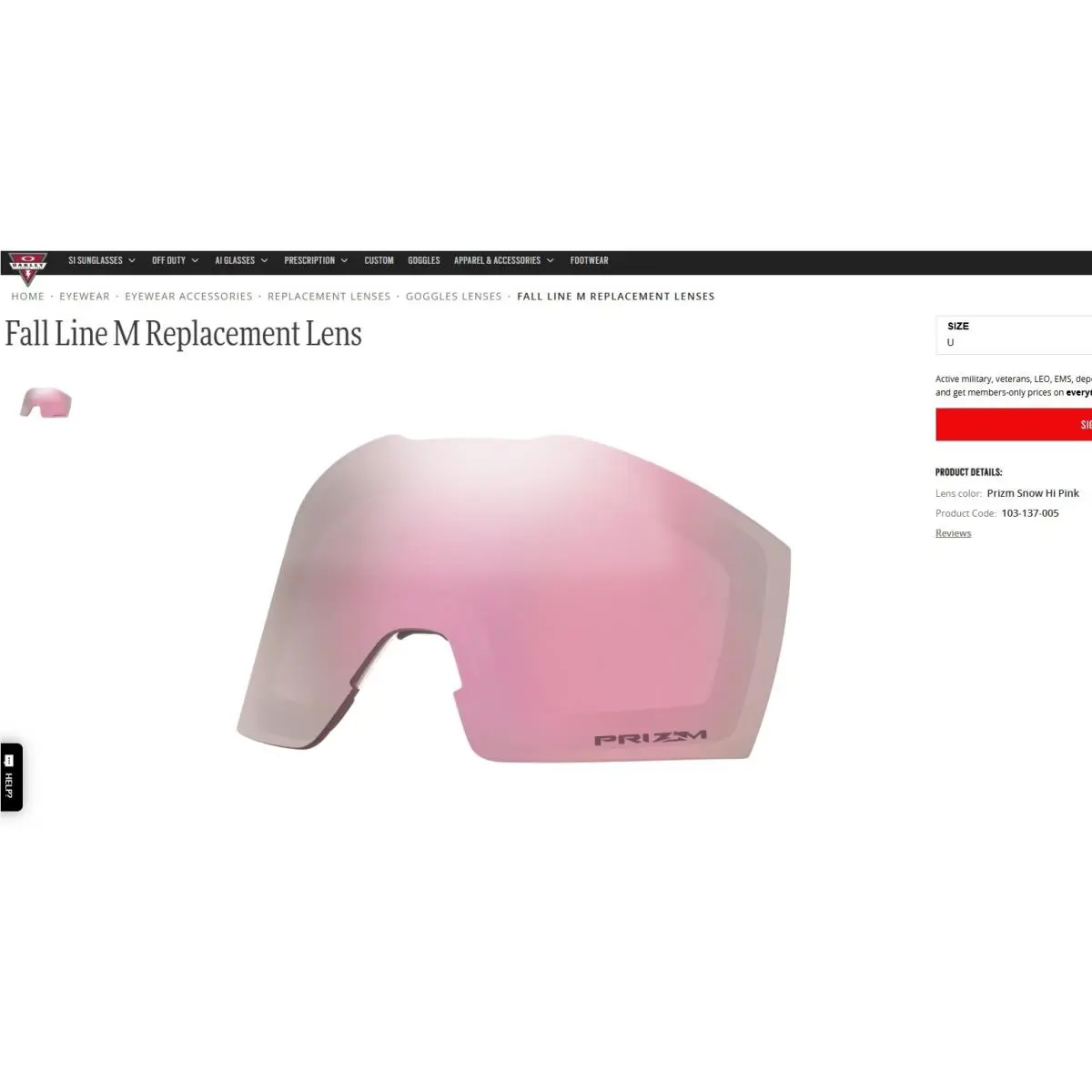 Fall Line M Replacement Lens Prizm Hi Pink Snow Iridium AOO7103LS W/pouch by Oakley