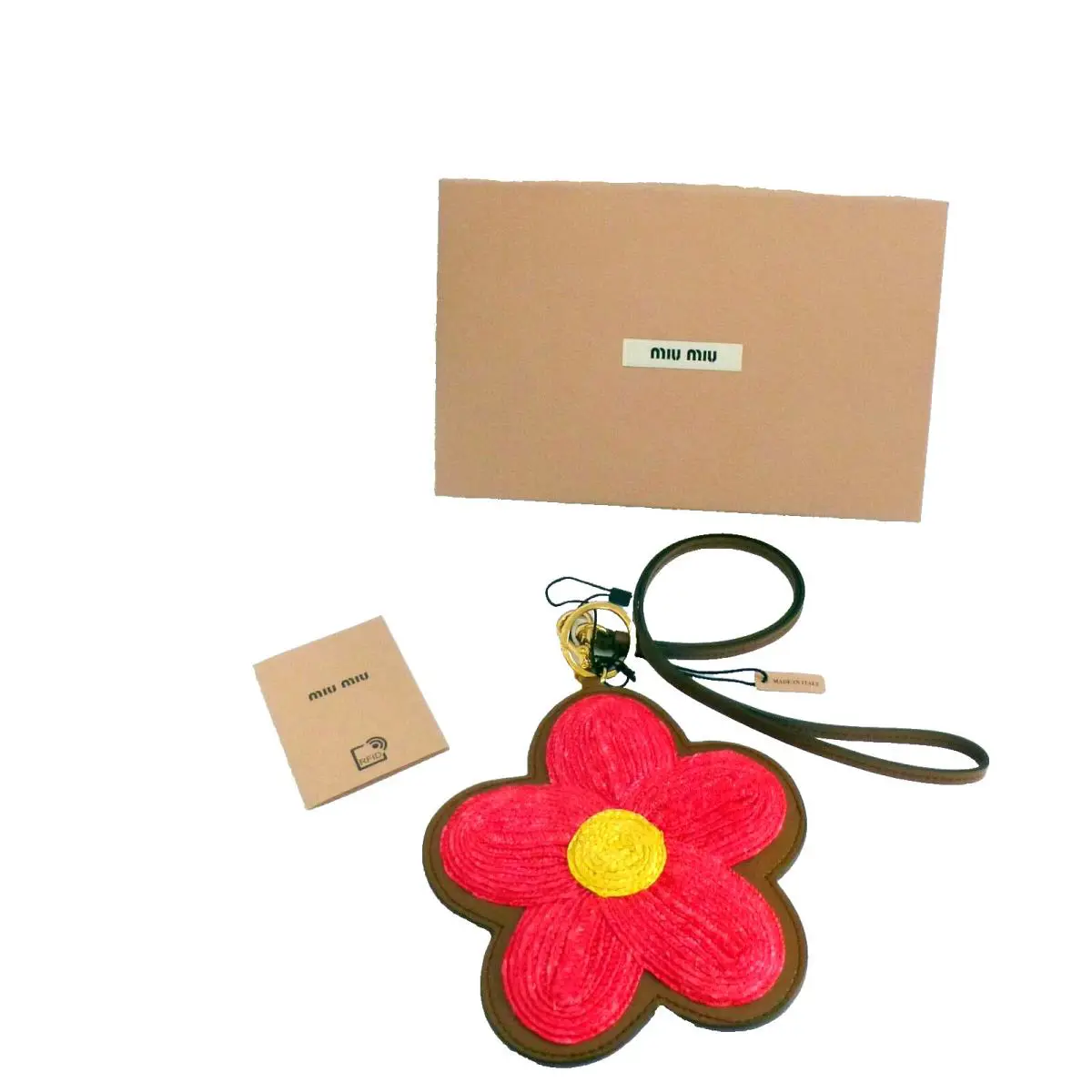 Miu Miu Purse Charm Keyring Red Yellow Woven Flower Logo