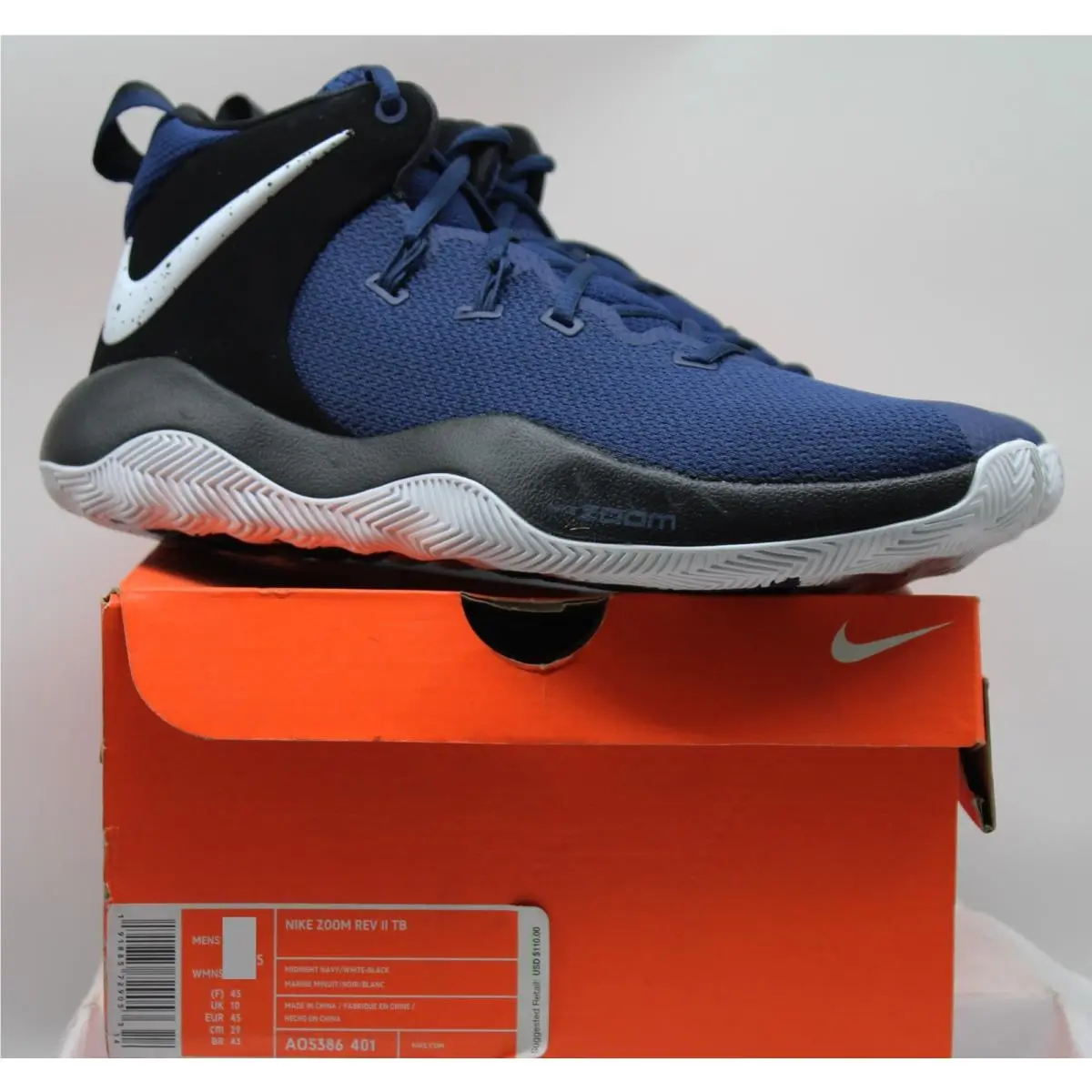 Nike Zoom Rev II TB Midnight Navy/wht SZ 11.5 High Top Basketball Shoe