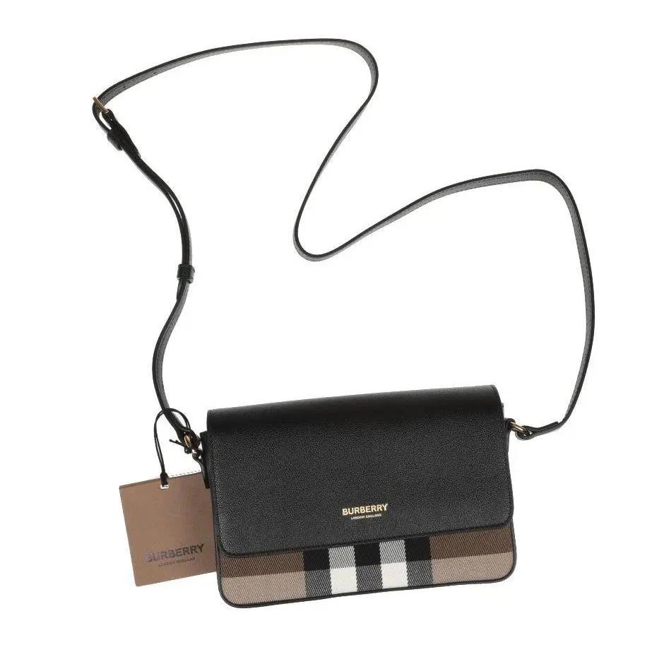 Burberry Hampshire Black Check Canvas Leather Crossbody Shoulder Bag