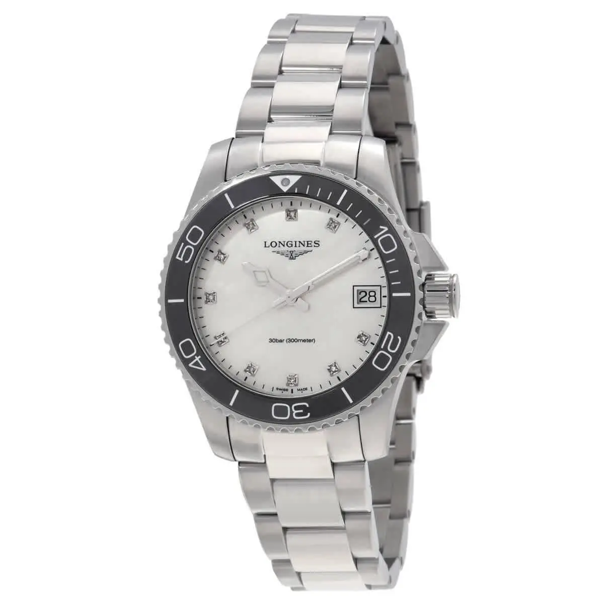 Longines Hydroconquest Quartz Diamond White Dial Ladies Watch L3.370.4.87.6 - Dial: White, Band: Silver-tone, Bezel: Silver-tone